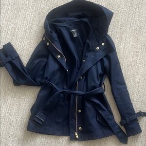 J. Crew Blue Trench Coat with Belted Waist and Hood